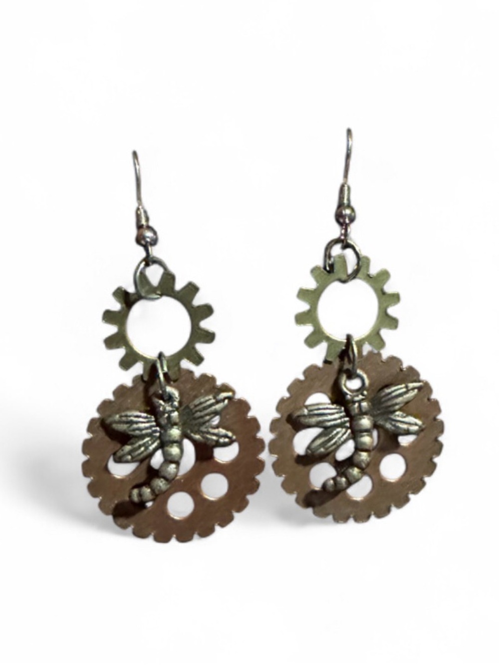 Dragonfly Gear Pendant Earrings - Metallic Silver Antiqued Gold and Bronze